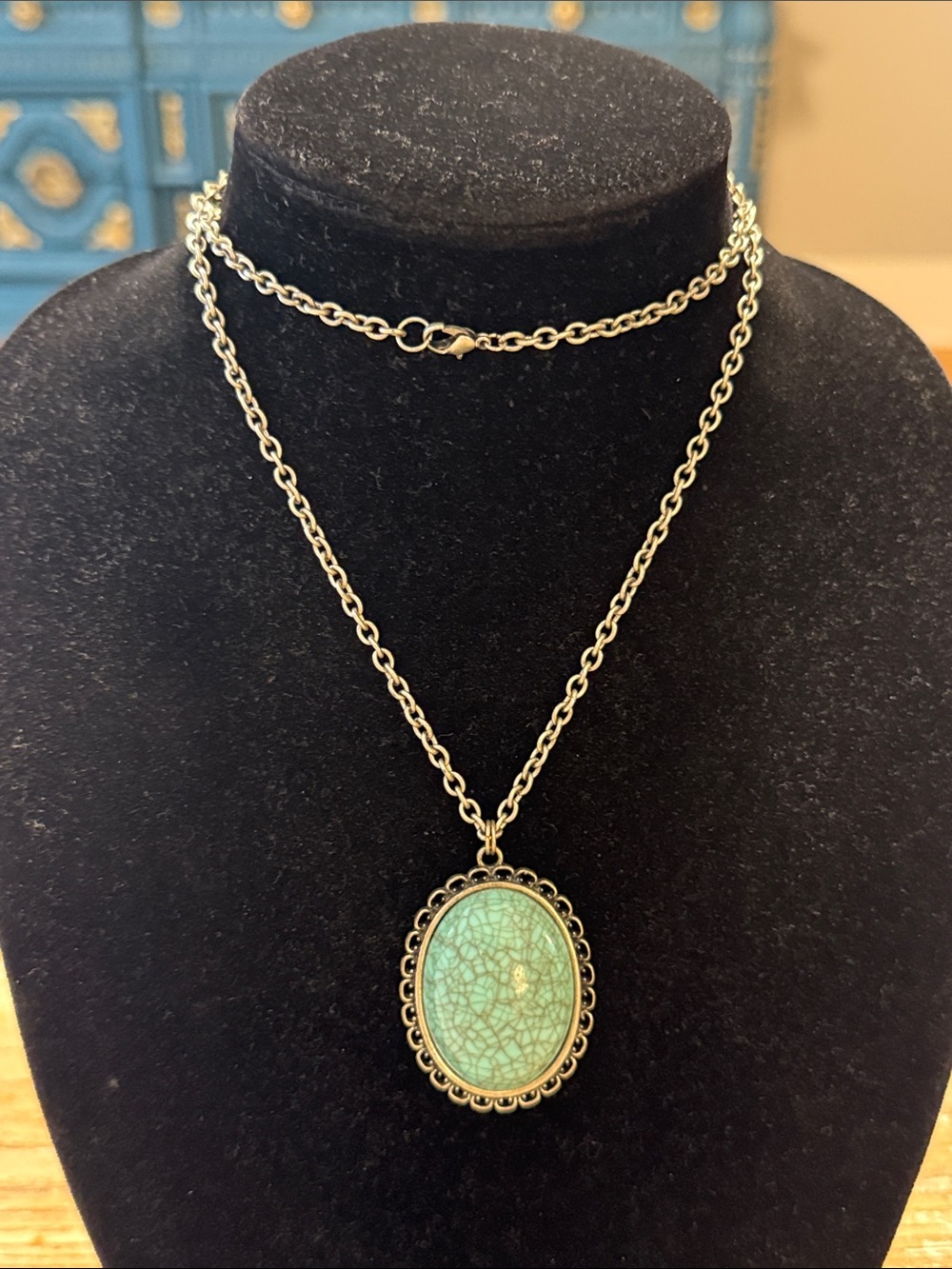 Vintage Southwestern Turquoise Blue Large Chain Long Pendant Statement Necklace